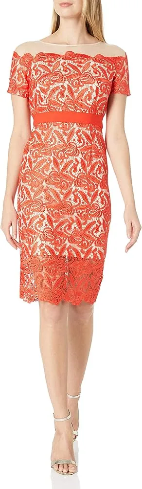 NEW Jax Dress Size 14 Short Sleeve Lace Mesh Sheath Bright Colors Knee Length thumbnail 1