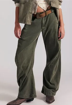 Free People Spotlight Washed Barrel Chino Trousers Pants in Dusty Olive NWT thumbnail 1