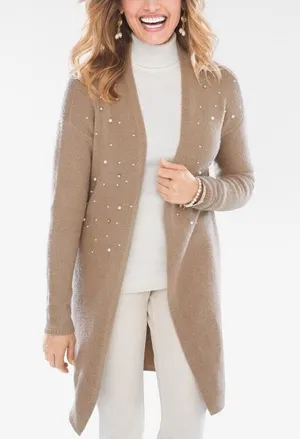 Chico's Open Front Faux-Pearl Cardigan Sweater Size 1 Medium Wool Blend Brown thumbnail 1