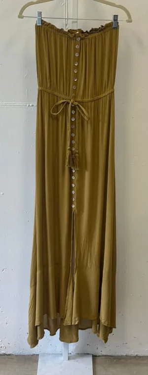 Elan Mustard Yellow Strapless Button Front Maxi Dress Small RG5761 Boho Tassel thumbnail 1
