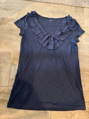 LOFT Navy Blue Ruffle V-Neck Sleeve Top Size Small thumbnail 1