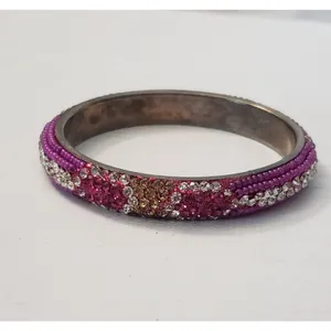 Vintage Bracelet / Bangle - Pink, Clear Gems & Light Gold Tone Gems 7" thumbnail 2