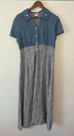 Denim Bodice Floral Maxi Dress - Blue/White thumbnail 1