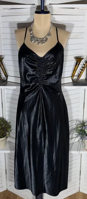 Black satin slip dress ruched front sweetheart cocktail whimsigoth punk alt sz M thumbnail 1