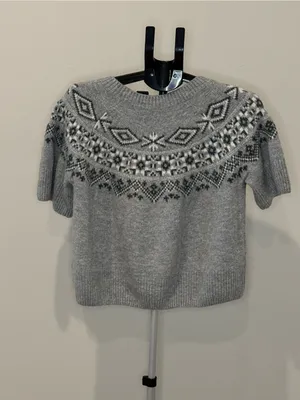 CeCe Fair Isle Short Sleeve Sweater XL Gray Black White thumbnail 5