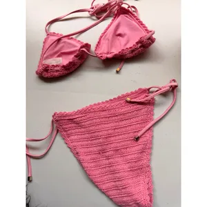 Chelsea & Violet Bikini Set Women S/M Pink Crochet Boho‎ Triangle Side Tie Swim thumbnail 3