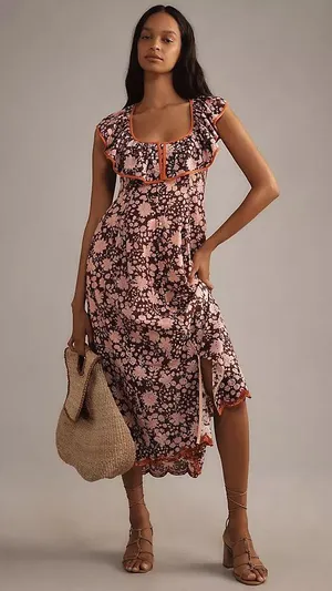Maeve Scoop Anthropologie Neck Ruffled Embroidered Midi Dress thumbnail 1