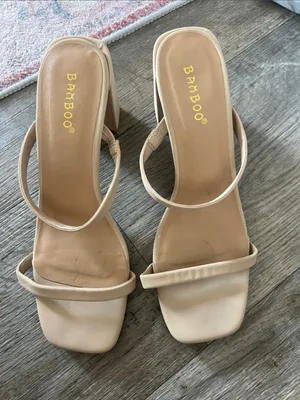 BAMBOO Beige Strappy Square-Toe Block Heels thumbnail 1