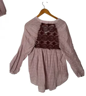 Free People Crochet Lace Back Top Pintuck Pleat Tunic Womens S Burgundy BOHO thumbnail 1