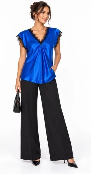 Oscar de la Renta Womens Top Size Large Blue Satin Lace Lounge Romantic Lingerie thumbnail 1