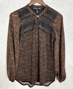 White House Black Market Top Womens XS Brown Animal Print Oversized Flowy‎ Boho thumbnail 1