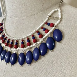 Red white and blue beaded bib necklace thumbnail 2