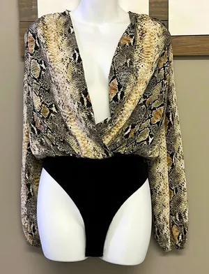 Windsor Silky and Soft Black Snakeskin Body Suit with Plunging Neckline- Small thumbnail 1