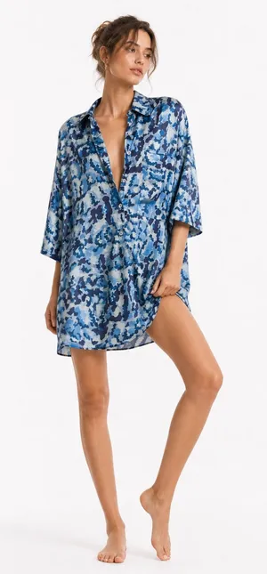 Free People Goddess Blue Floral Oversized Tunic Shirt Dress Boho Cover Up Medium thumbnail 1