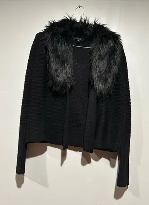 BCX Black Faux-Fur Collar Open-Front Knit Cardigan thumbnail 1