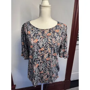 Lucky Brand Women Navy Blue Floral Flutter Sleeve Keyhole Back Knit Top Size M thumbnail 2
