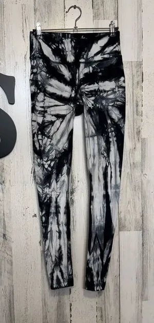 Black White Tie Dye Leggings small High Waist Stretch Yoga Athletic Pants thumbnail 1