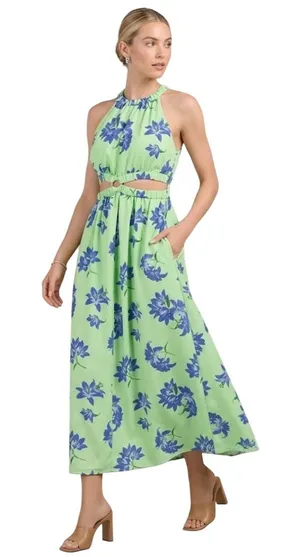 Likely Constellation Dress Green Blue Floral Cutout Halter Midi Size 8 NEW thumbnail 1
