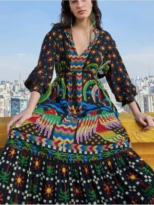 Farm Rio Macaw Night Maxi Dress Womens‎ XS Black Multi Tropical Boho thumbnail 4