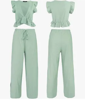 Vneck Ruffle Crop Top and Wide Leg Pants Green Size L thumbnail 3