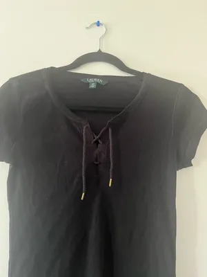 Lauren Ralph Lauren Black Ribbed Tee Small Lace Up 100% Cotton Minimalist thumbnail 4