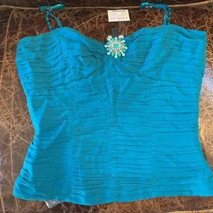 Vintage Y2K Bebe Teal Silk Pleated Cami Top Jeweled Brooch NWT Small thumbnail 8