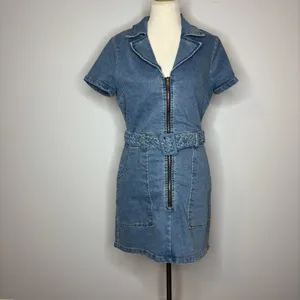 Lulu's- Distinct Icon Medium Wash Denim Belted Mini Dress With Pockets thumbnail 3