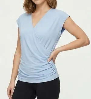 Halara NWT Crossover V-Neck Ruched Blouse Cap Sleeve Angel Falls Blue Top Size S thumbnail 1