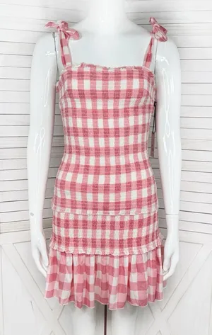 Sincerely Jules Gingham‎ Check Smocked Ruffle Mini Dress Red White Medium Preppy thumbnail 1