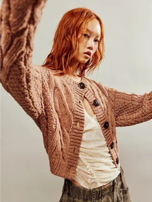 Free People • Bonfire Cable Knit Cardi cropped cardigan sweater chunky brown thumbnail 3