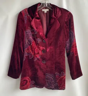 Coldwater creek burgundy velvet blazer grandmacore paisley floral print fall 10 thumbnail 1