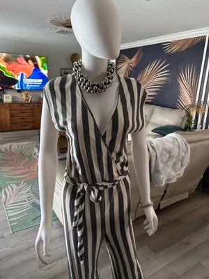 Caution to the Wind Black and White Striped Knit Surplice Jumpsuit thumbnail 4