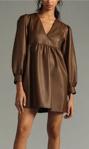 Anthropologie Babydoll Dress Womens Size Medium Brown Faux Leather Mini NWT thumbnail 1