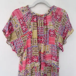 Anthropologie Robin Tiered Ruffle V-Neck Mini Dress Colorful Patchwork Print thumbnail 7