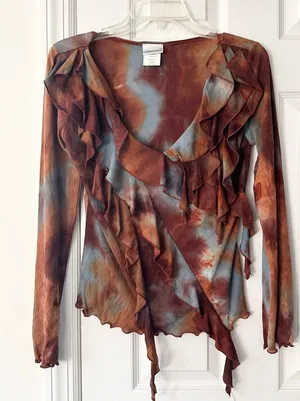Fashion Bug Blue Brown Tie Dye Frill Goth Core Y2K Boho Ruffle Blouse Small USA thumbnail 1