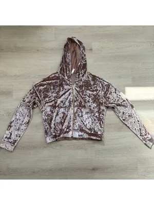 Fabletics NWOT Crushed Velvet Zip Up Hoodie Jacket Twisted Waistband Brown M thumbnail 3