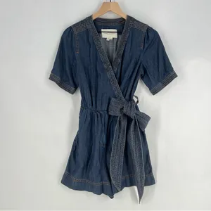 Pilcro by Anthropologie Blue Chambray Denim Tie‎ Waist Wrap Bodice V-Neck Romper thumbnail 3