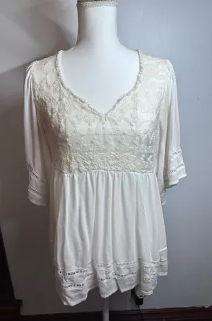 Knox Rose Women White Embroidered Lace V-Neck Boho Tunic Top Size M RN17730 thumbnail 1