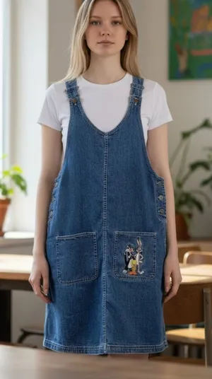 Vintage Y2K 90's Warner Brother Looney Tunes Embroidered Denim Dress Size Small thumbnail 1
