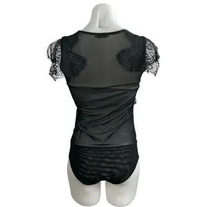 Zara Women's Black Lace Sheer Mesh Ruffle High Neck Cap Sleeves Bodysuit Top S thumbnail 3