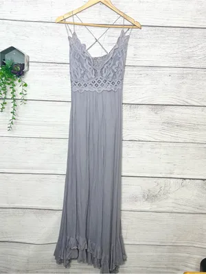Free People Adella Crochet Lace Maxi Slip Dress in Light Gray Size Medium thumbnail 2