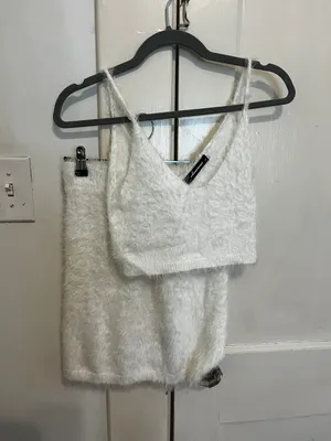 Olivaceous Boutique White Fuzzy Crop Top Skirt Set thumbnail 4