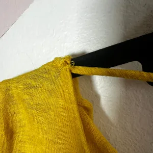 100% Linen Top Women's Medium Mustard Yellow Cowl Neck‎ Tie Back Short Sleeve thumbnail 7