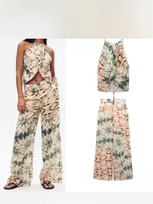 Zara Tie-Dye Wide Leg Pants Set - Green & Cream thumbnail 2