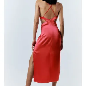 Zara Satin Sleeveless V-Neck Slip Midi Dress with Waist Cutout Pink Medium thumbnail 3