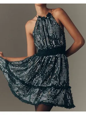 Anthropologie The Somerset Shine Mini Halter Dress In Dark Green Size M thumbnail 1
