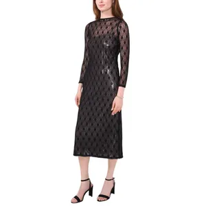 NWT Cece Womens Metallic Lace-Over Long-Sleeve Midi Dress Black XS thumbnail 3