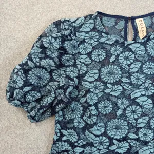Dolan Women's Medium Blue Floral Lace Peplum Puff Sleeve Top Blouse Sheer thumbnail 3
