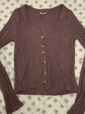 ￼ Aeropostale Purple Lilac Crop Top Large Shirt Button Up Ribbed Long Sleeve thumbnail 1