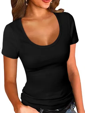 NEW Scoop Neck Ribbed Fitted Shirt Basic Short Sleeve T Shirt Top S thumbnail 1